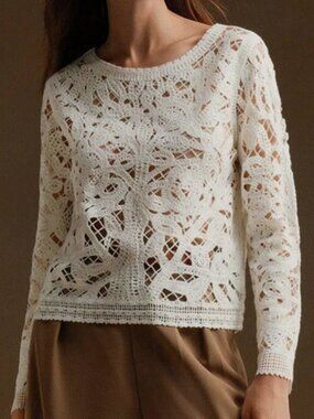 ANEWSTA Women's Size L White Floral Pattern Sheer Crochet Knit Sweater - New!